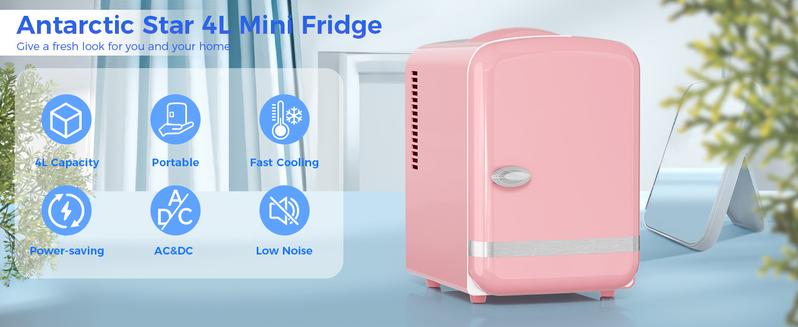 Antarctic Star 4L Mini Fridge Thermoelectric Cooler & Warmer, Portable Cooler for Skincare/Meds/Drinks, 12V DC/120V AC, 15-20℃ Cooling & 55-65℃ Heating, Pink