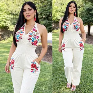 Halter Embroidered Jumpsuit, Floral Design, Women's Womenswear, Vibrant Colors, Elastic Waist, Pockets Halter Pantsuit