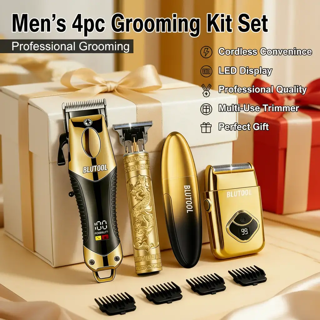 Men's 4pcs Cordless Grooming Kit - LED Display Clippers, Professional Electric Beard Trimmer, Foil Shaver, Nose & Ear Hair Trimmer, Ideal Gift for Husband (Birthday, Christmas)