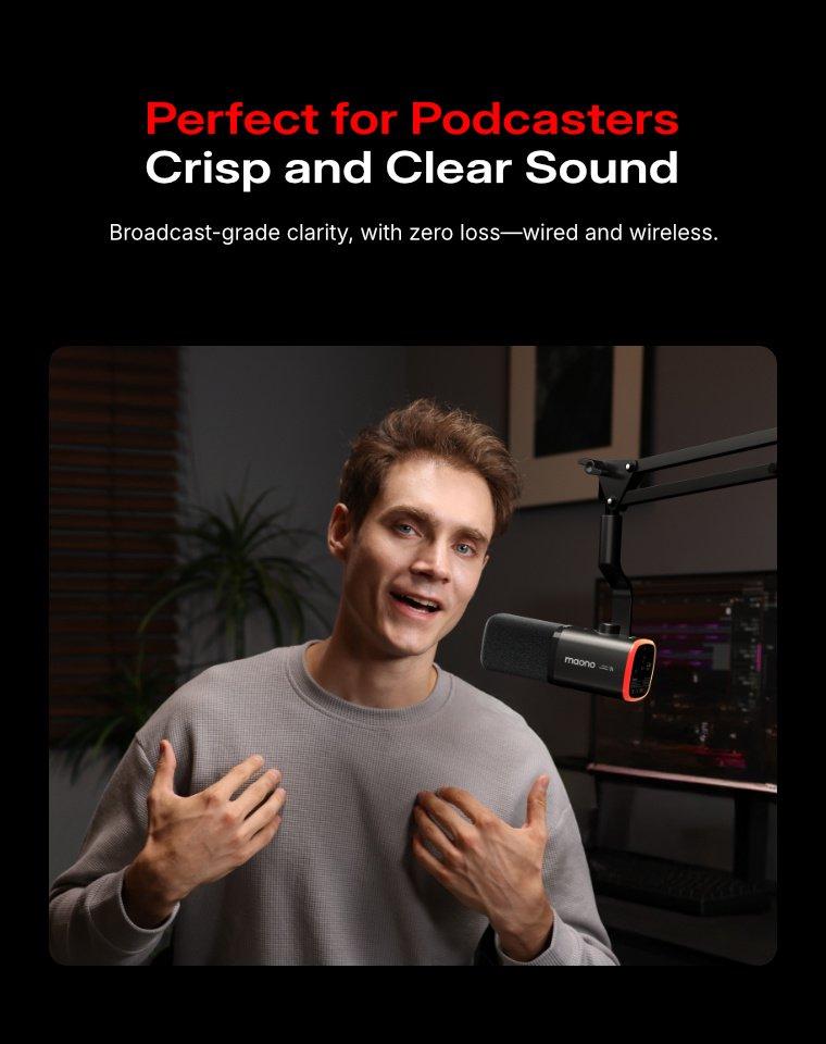 Maono PD100W Wireless & USB gaming microphone for podcast recording, meeting, dynamic RGB mic with quick mute, headphone jack, gain knob, volume control, desktop mic for PC Gamer. widely compatible with PCs, smartphones, laptops, PS4, and PS5.