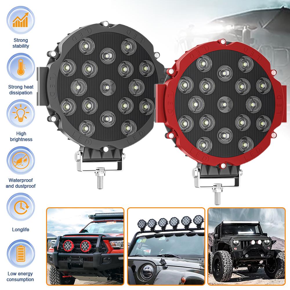 LED Work Light 2 Pack 7 Inch 51W Round Super Bright Off-Road Lamp IP67 Waterproof for Jeep ATV SUV Boat Truck Black Red Options