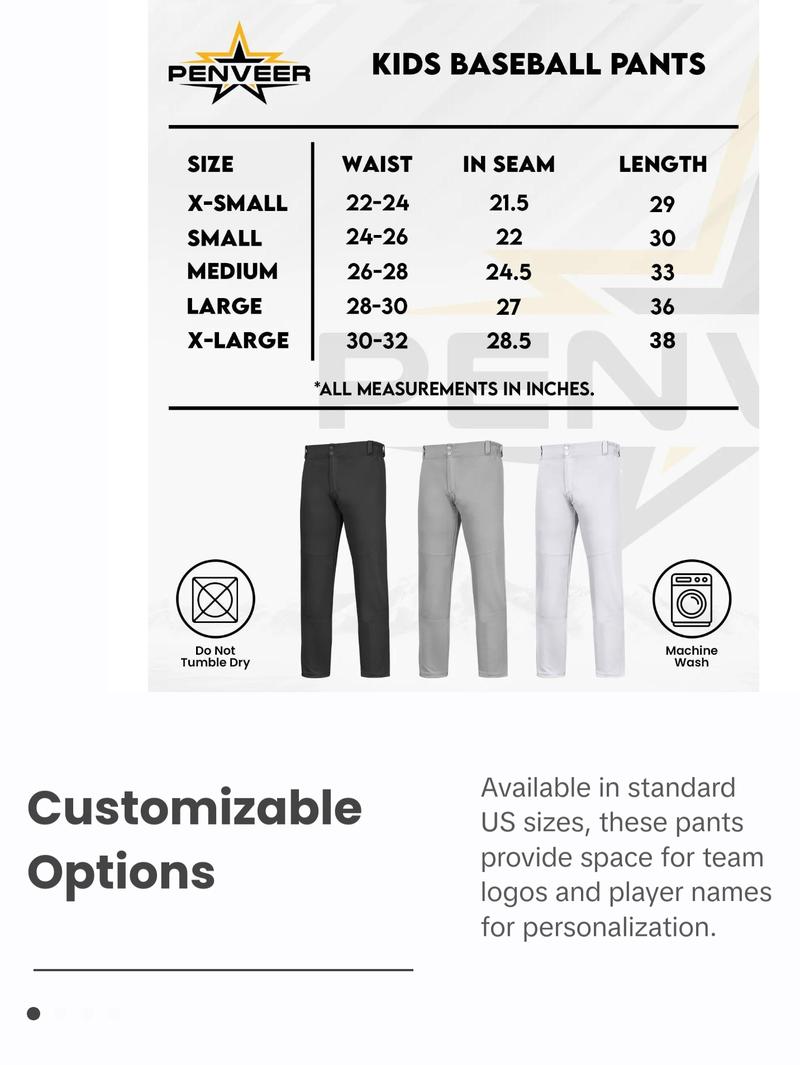 Penveer Youth Baseball Pants, Full Length Open Bottom Boys Baseball Pants with Durable Snap, Softball Pants, T Ball Pants (White) Athletic Wear