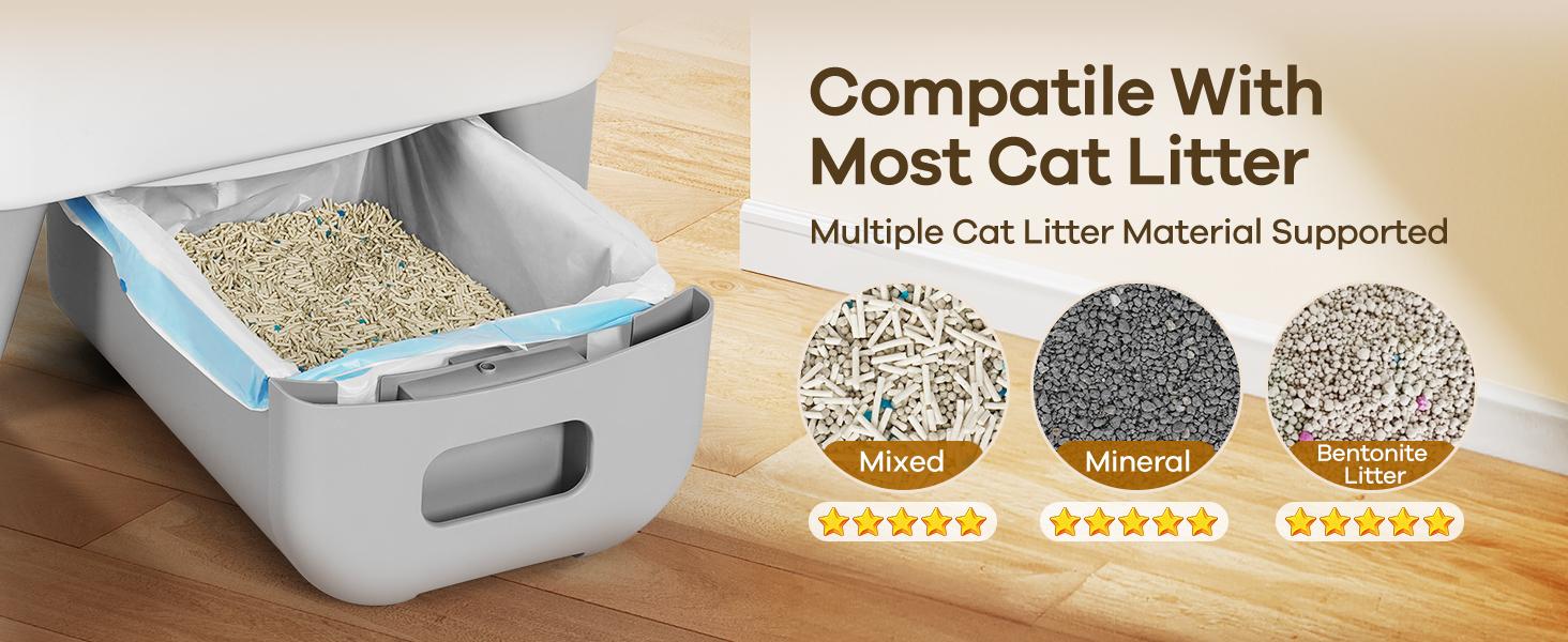 TAYACICY Self Cleaning Litter Box,95L Automatic Cat Litter Box Self Cleaning Large Capacity for Multiple Cats, App-Controlled with Safety Sensors, Removable Washable Liner,2 Rolls Garbage Bags,Grey