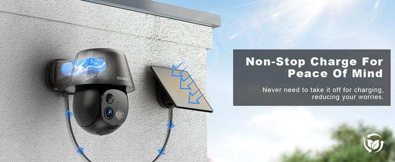 ZEEPORTE 2K WIFI  Security Cameras Wireless Outdoor-360° PTZ Cameras for Home Security with Solar Panel/Battery Powered, Night Vision, Two-Way Audio, PIR Sensor