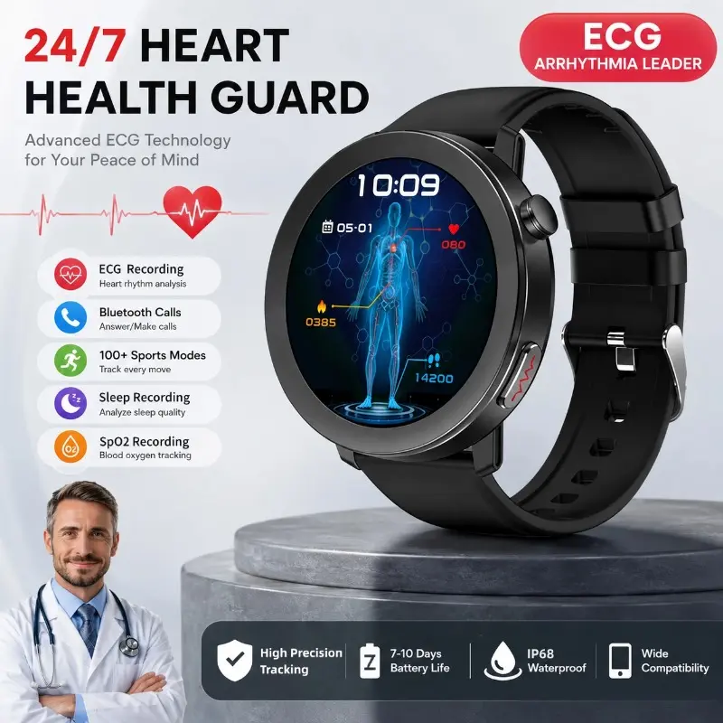 Round Smart Watch with Fitness Tracker , Supports ECG, Blood Glucose, SpO2, Heart Rate & Blood Pressure Monitor, IP68 Waterproof 1.46" HD Screen Smartwatch for Men Women iOS Android, Wearable, Monitoring backtoschool
