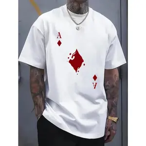 Men's cotton crew neck t-shirt with bold Ace of Spades graphic print, regular fit stretch knit fabric, white casual short sleeve top, suitable for all seasons, summer wear, casual style, machine washable, street trend t-shirt