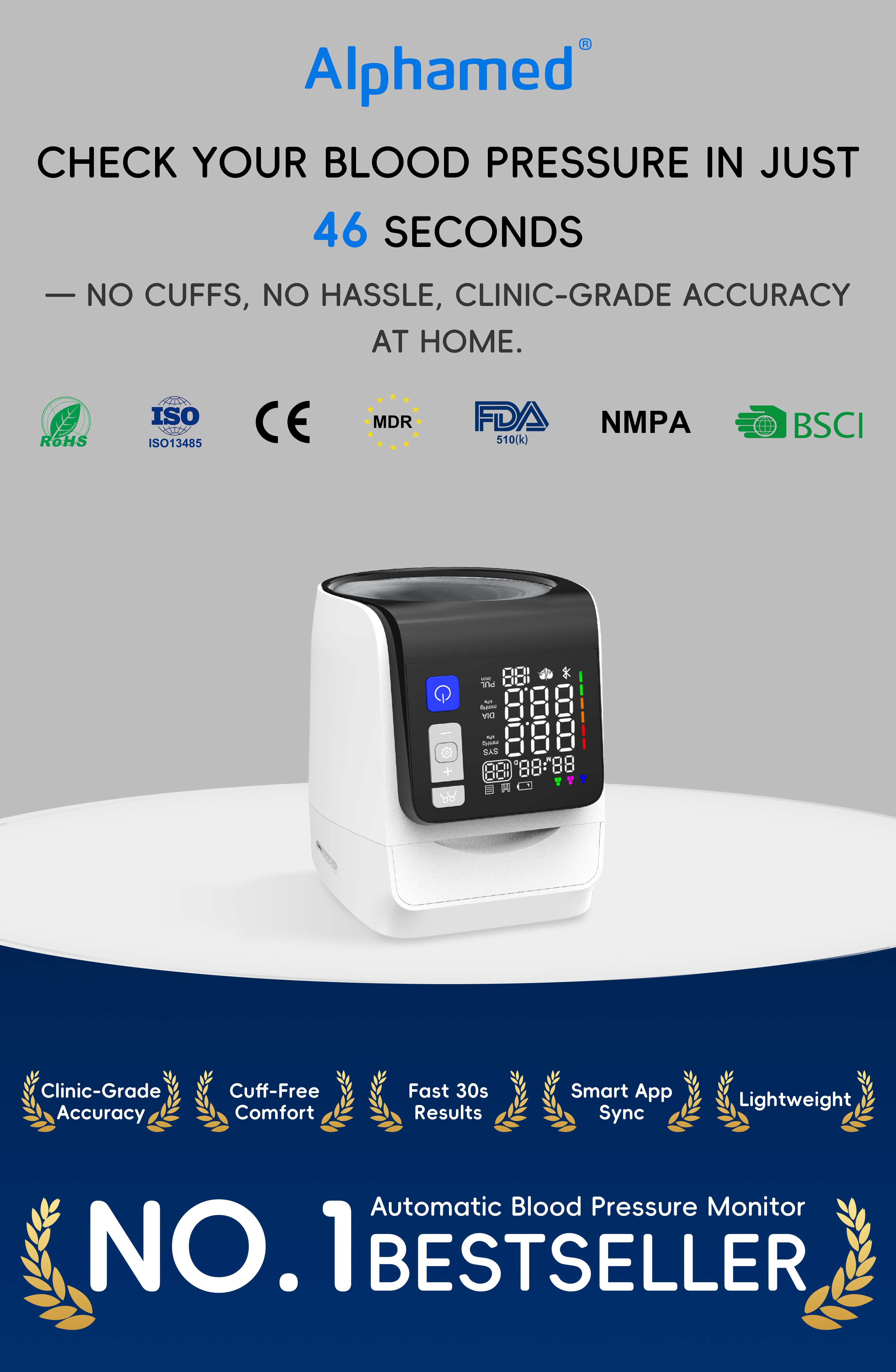Upper Arm Blood Pressure Monitor for Home Use, Smart BP Machine with App Tracking, Large Cuff, One-Touch, Alphamed Healthcare