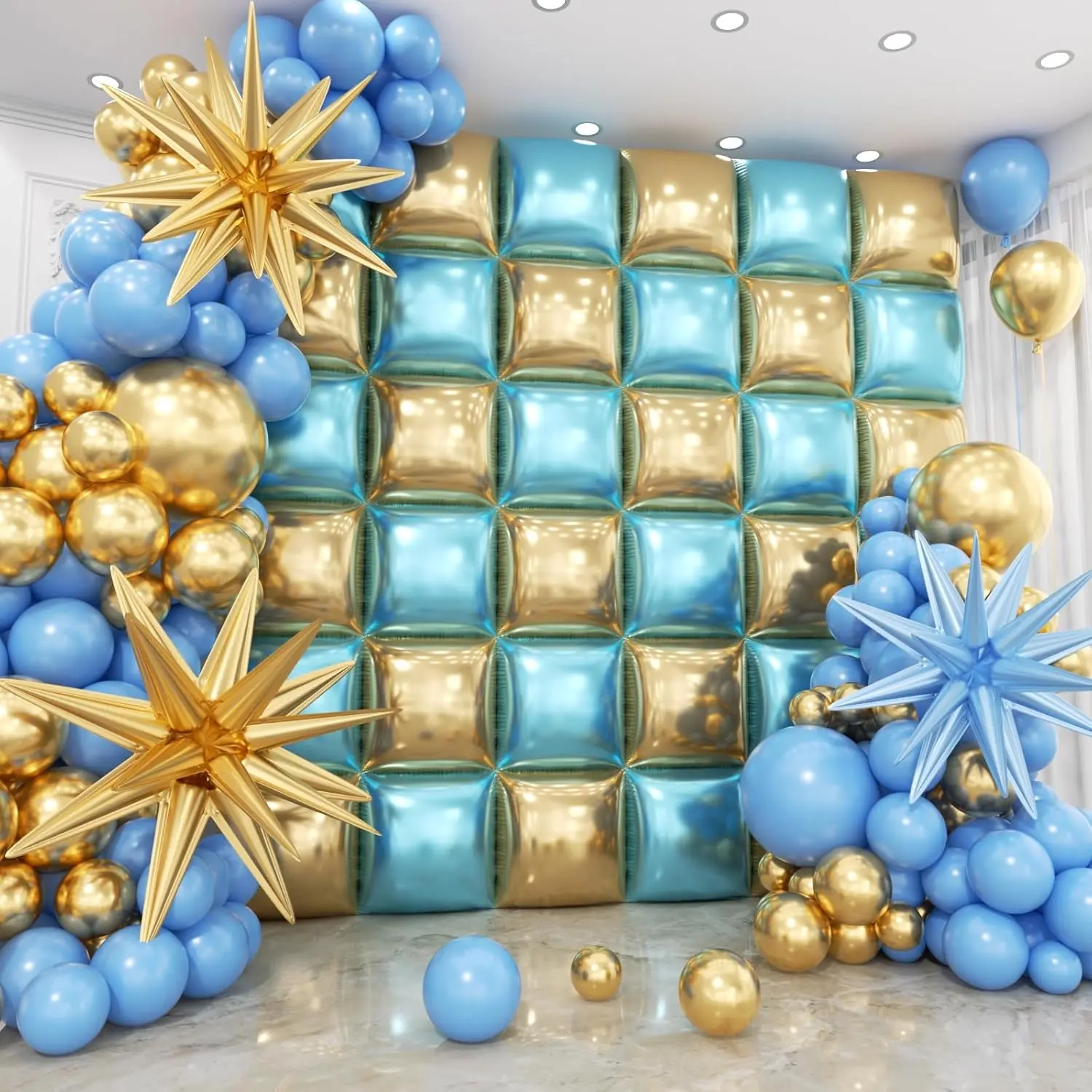 36pcs Blue and Gold Square Foil Balloons Wall Backdrop with 147pcs Balloon Garland Arch Kit, Double Sided Balloons for Graduation Birthday Anniversary Wedding Shower Prom Party Decorations