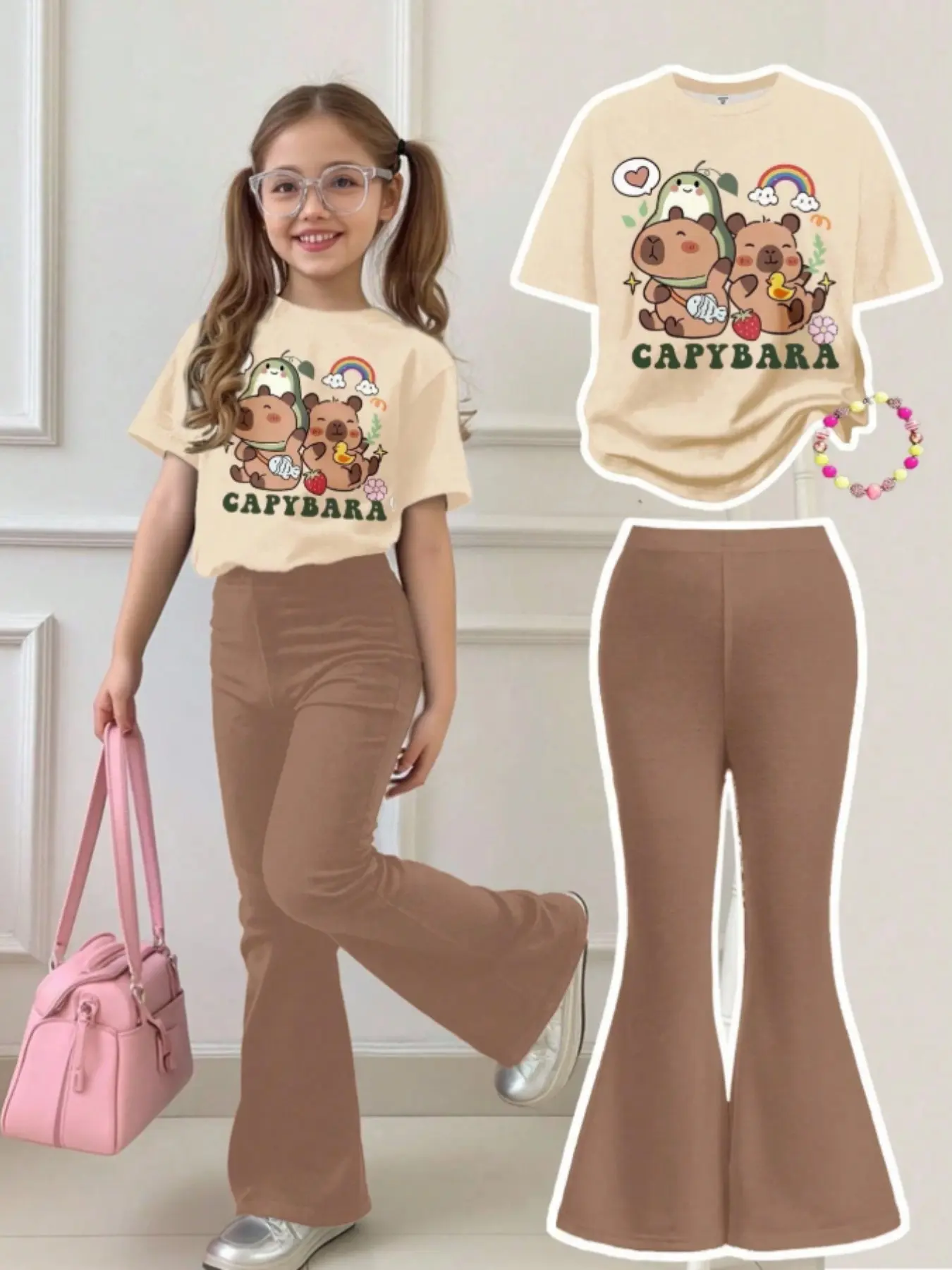 Cute Capybara Pattern Two-Piece Summer Outfit, Casual Cartoon Round Neck Short Sleeve Top and Bell Bottom Pants Matching Set