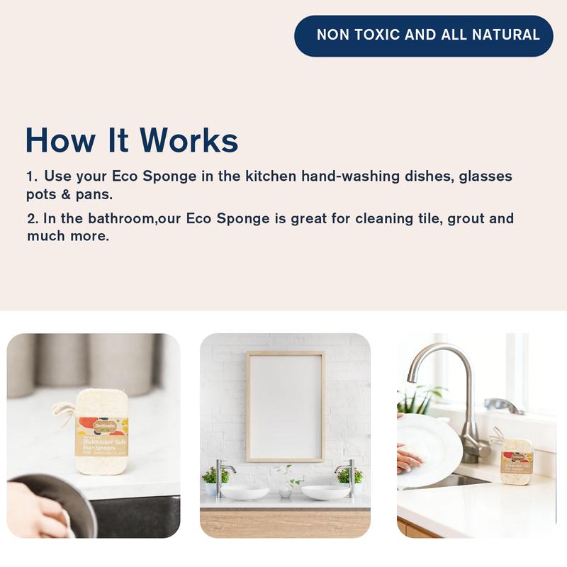 3-Pack Natural Luffa Cleaning Sponges | 100% Organic, Compostable & Non-Scratch | Plant-Based Scrubber for Dishes & Vegetables, 4.4x2.8 Inches