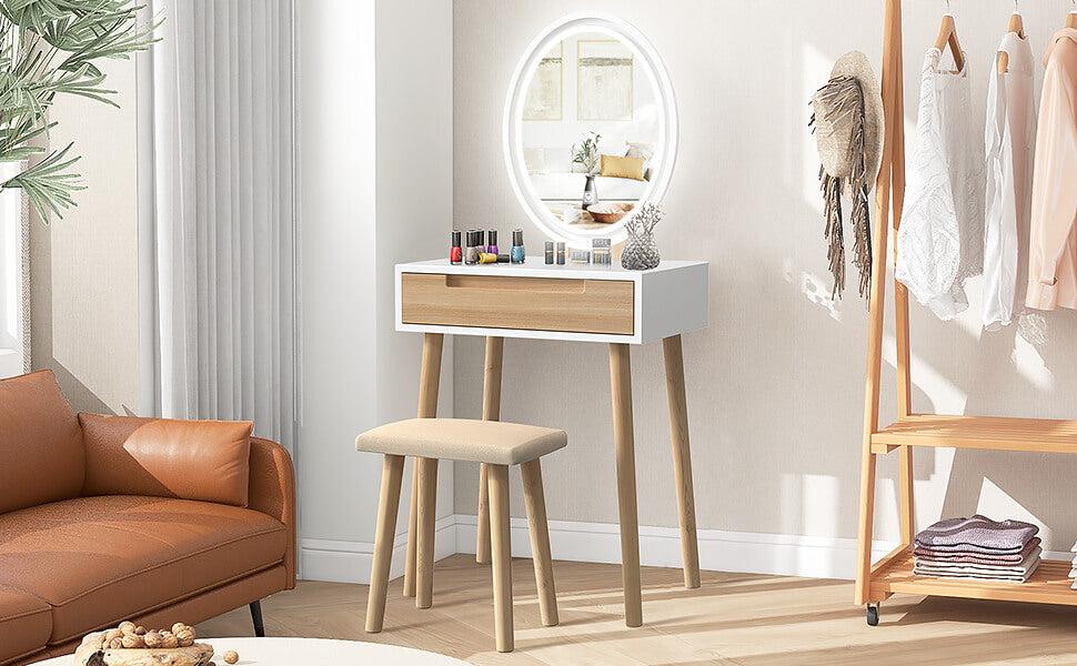 Small Makeup Vanity Desk with 3 Adjustable Lighted Mirror and Chair, 24 Inch Vanities Set with Drawer Wooden Frame Dressing Table for Mini Space HW1151 Dresser Furniture