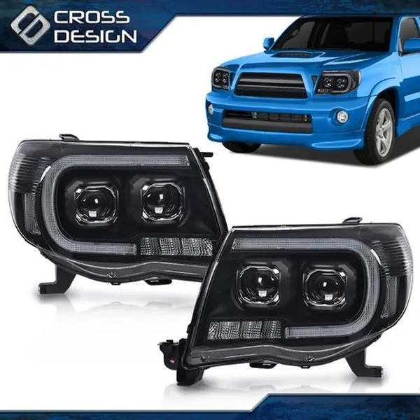 CROSSDESIGN Pair Set Black Housing Dual Projector Amber Reflector Durable LED Headlight Assembly for 2005-2011 Toyota Tacoma, Shockproof Bolt-On UV Resistant Aftermarket Headlights Lighting Assemblies & Components, Vehicle-Specific Fit