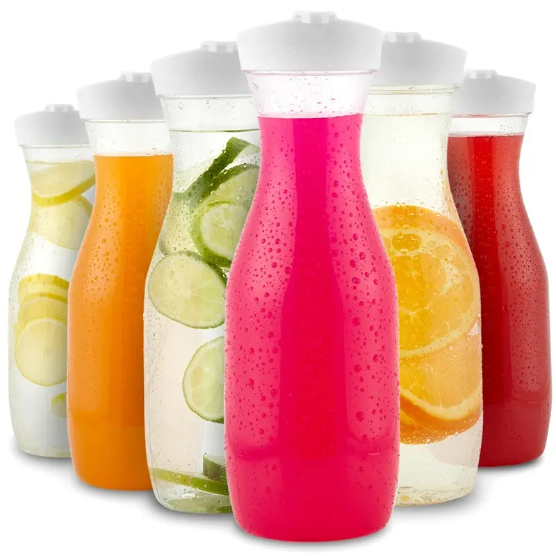 Plastic Juice Carafe with Lids (Set of 6) 32 oz Carafes for Mimosa Bar, Drink Pitcher with Lid, Water Bottle, Milk Container, Clear Beverage Containers for Fridge, Pantry Storage, Round Pitchers