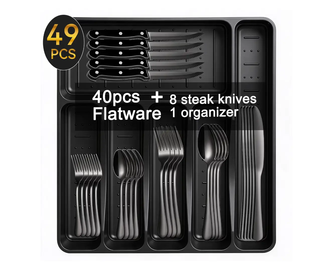 49-Piece Black Silverware Set with Flatware Drawer Organizer, Durable Stainless Steel Cutlery Set for 8, Mirror Polished Kitchen Utensils Tableware Service with Steak Knives and Tray