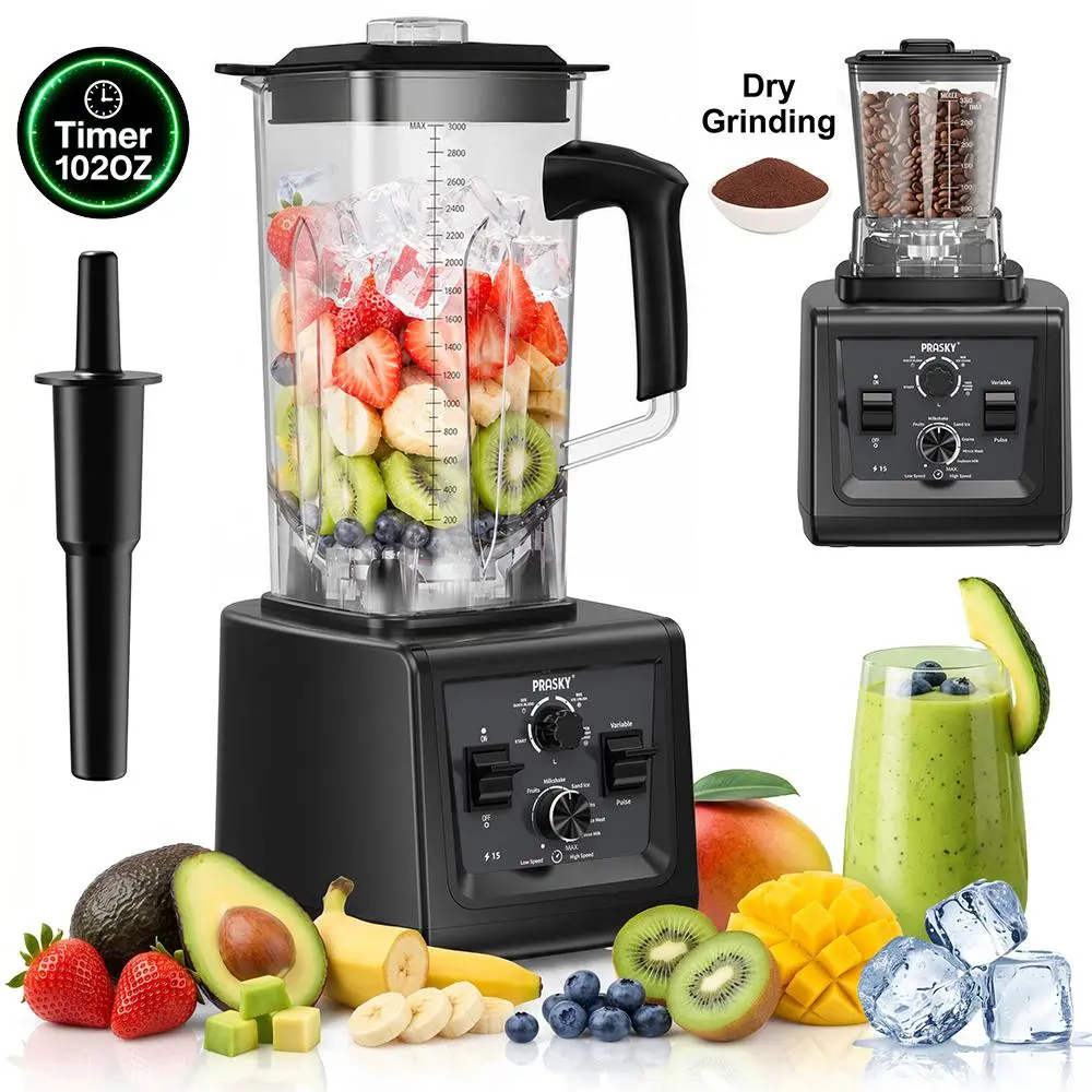 [2026 Upgrade] PRASKY 68&102OZ Timer Blender & Grinder Combo, 25000RPM Countertop Smoothie Maker with Dual BPA-Free Containers, for Ice Crush, Coffee Beans, Dried Chili & Frozen Drinks, Large Capacity Multifunction Juicer