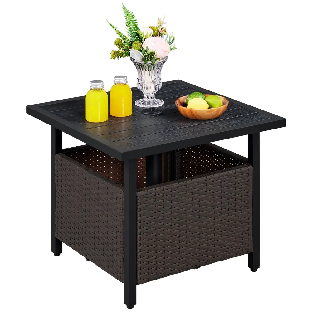 Costoffs Rectangular Handwoven HDPE Rattan Outdoor Side Table - Lightweight, Weather Resistant, Outdoor Living Furniture, Metal Frame, Umbrella Hole, All-Season PE Rattan Piece for Garden, Poolside, Lightweight Outdoor Table