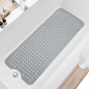 Bath Tub and Shower Mats, Non Slip 40 x 16 Inch Extra Large Bathtub Mat, Machine Washable Bathmat with Drain Holes, Suction Cups for Bathroom Floor, Gray