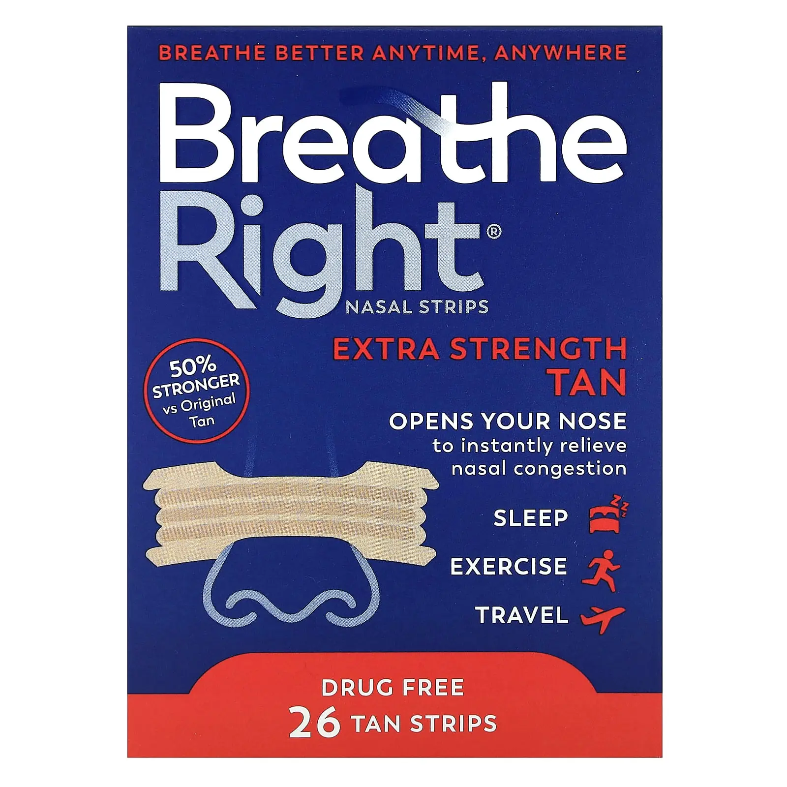 Breathe Right Nasal Strips, Tan, 26 Strips | HSA/FSA Eligible
