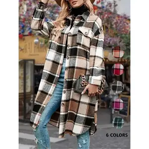 Women's Colorblock Plaid Print Button Front Drop Shoulder Coat, Casual Long Sleeve Collared Pocket Coat for Fall & Winter, Women's Clothing for Daily Wear(gift)Gift
