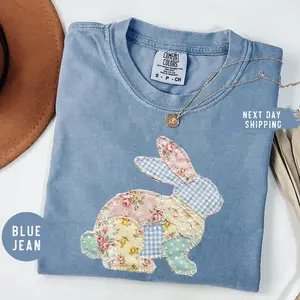 Comfort Colors Easter Shirt, Patchwork Bunny Shirt, Grandmacore Easter Shirt, Floral Faux Patchwork Bunny - AMBER