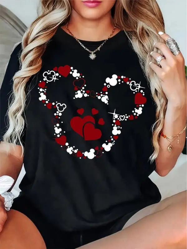 Women's Black 180g Cotton Graphic Print Crewneck Short-Sleeve T-Shirt - Heart & Mickey Mouse Inspired Design, Fitted, Check Size, for Casual Everyday Wear, Stylish Comfort, Perfect Gift Idea, Streetwear Top