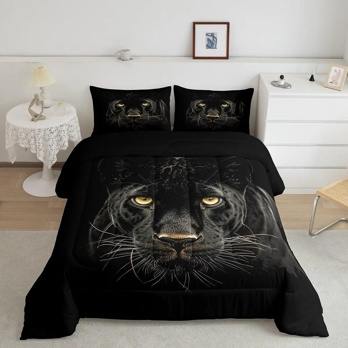 Black African Cheetah Comforter Set,Leopard Print Bedding Set,Wildlife Animal Down Comforter,Pillowcase