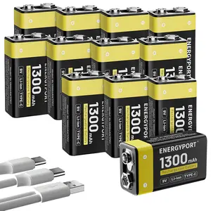 ENERGYPORT 12-Pack Rechargeable 9V Batteries, 1300mAh 9 Volt Lithium-ion Long Lasting Power, USB-C Recharge with 2 in 1 Charging Cable for Smoke Alarms,Multimeters,Microphones,Walkie-Talkie,Toys