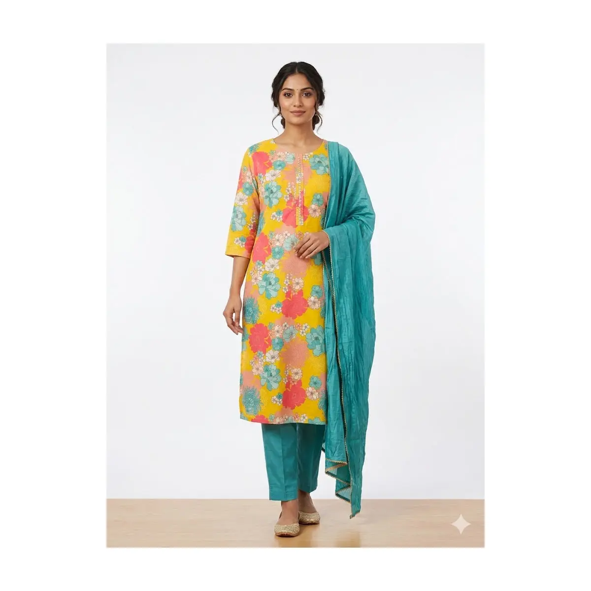 #7S-1 Vibrant Floral Kurta Set with Teal Pants & Dupatta – 3-Piece Ethnic Suit