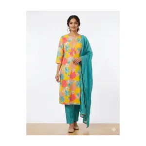 #7S-1 Vibrant Floral Kurta Set with Teal Pants & Dupatta – 3-Piece Ethnic Suit