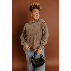 Modern Cozy Vintage Wash Ribbed Sweatshirt in Mocha Curves