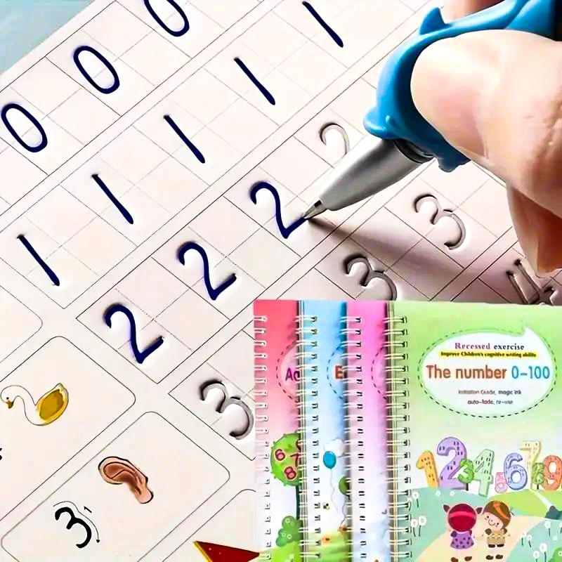 Exercise Book Set with Pen, Reusable Writing Book with Groove, Tracking Alphanumeric, school supplies educational learning tools Thick Paper Magic Ink