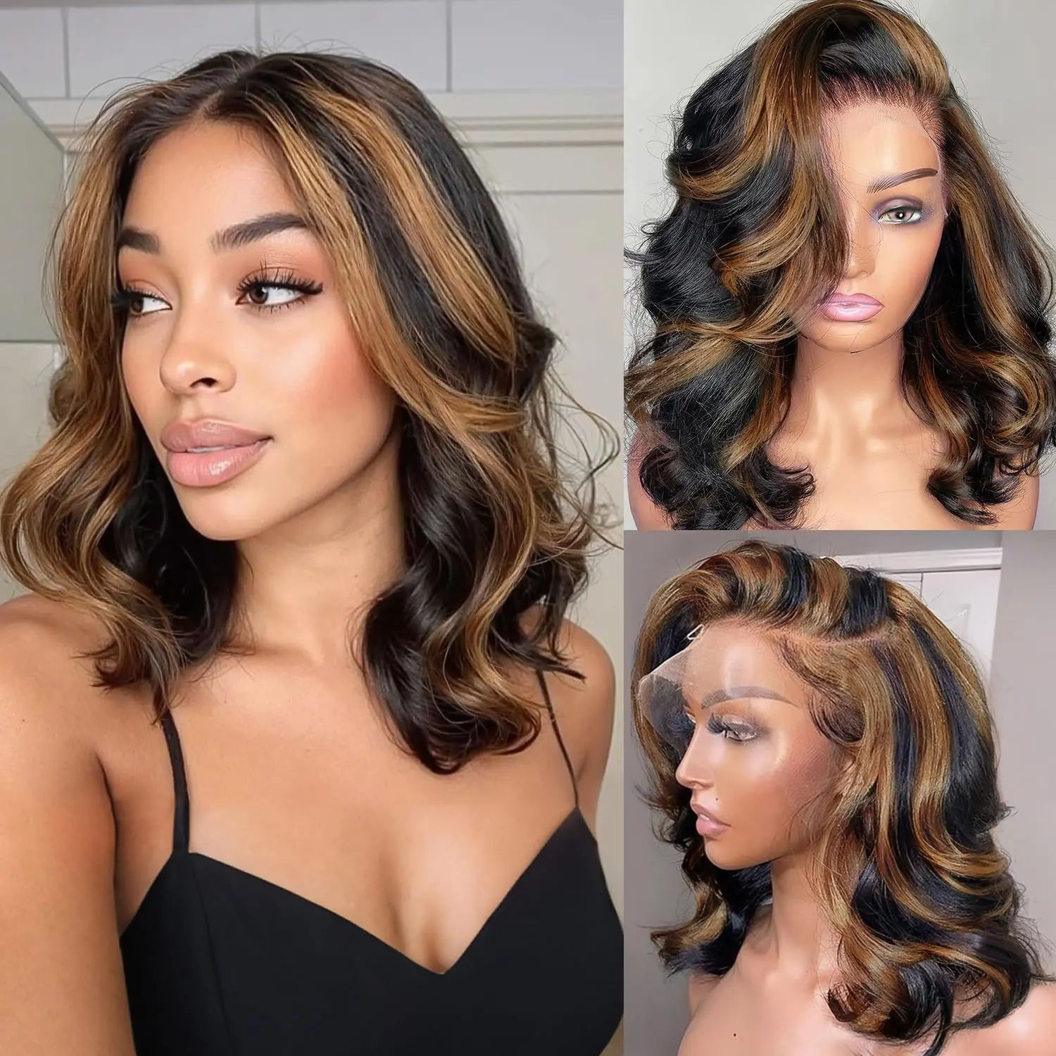 AFRIBYE Women's Short Bob Unisex Human Hair Lace Front Wig, 14in Honey Brown Ombre Body Wave, 13x6 HD Lace Pre-Plucked Virgin Hair, 180% Density with Bleached Knots