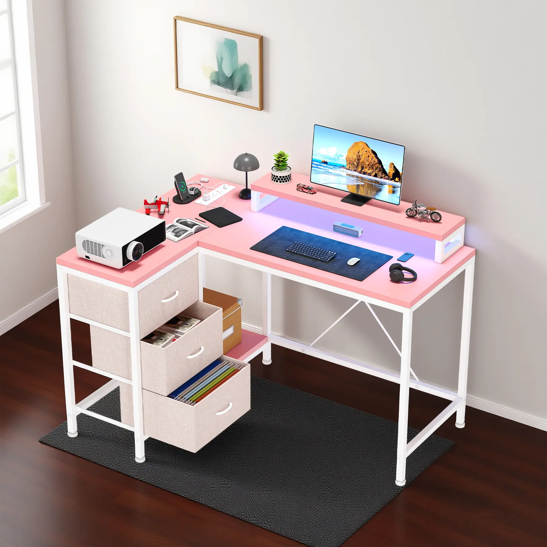 Pink L Shaped Corner Desk with Power Outlets and LED Lights, Gaming Computer Desk Equipped with Drawers and Storage Shelves, Multifunctional Home Office Workstation