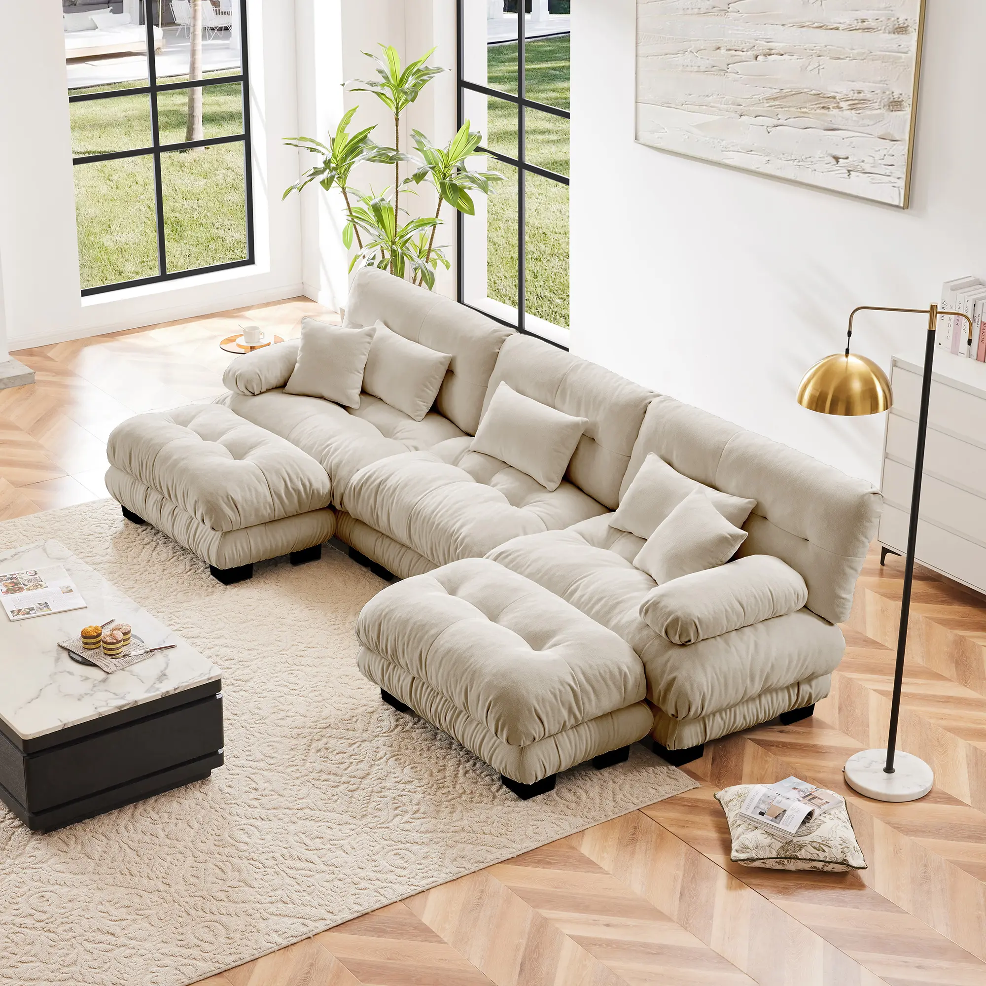 Eyisean Luxury Durable U-Shape Modular Tufted Sofa - 133.8in Chenille 3-Seater Oversized Modern Couch for Sofas Living Room, Fixed Arms, Ottoman, 5 Pillows, Sponge, Lumbar Support, Headrest Bolster, Convertible Free Combination, Modular Room Fit