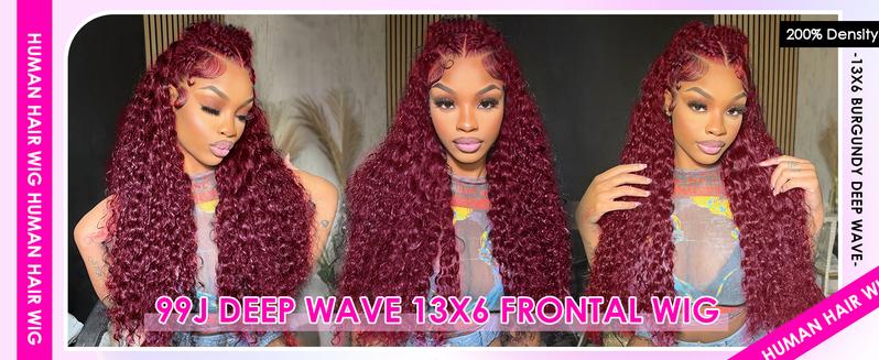 【30 Inch only $119 】99j Burgundy Deep Wave Lace Front Wigs Human Hair 99j 13x6 HD Lace Front Wigs Human Hair 200 Density Deep Wave Wig Pre Plucked Red Colored Curly Wig for Women