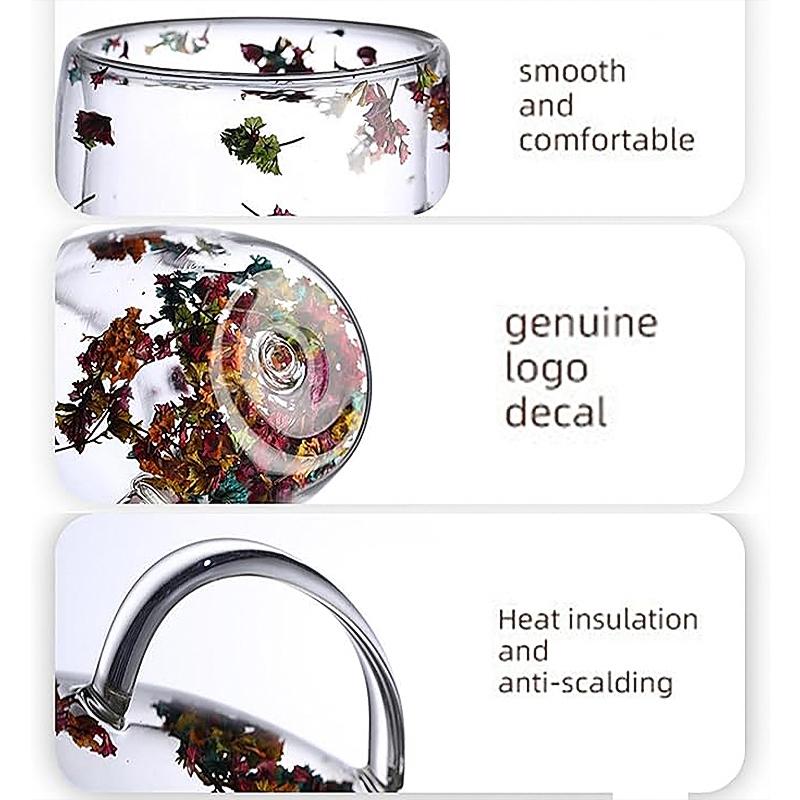 【FaddishDeal】Double glass flower tea cup, 390ml glass coffee cup, insulated flower coffee cup, transparent cup with dried flowers. Drinkware Tumblers.