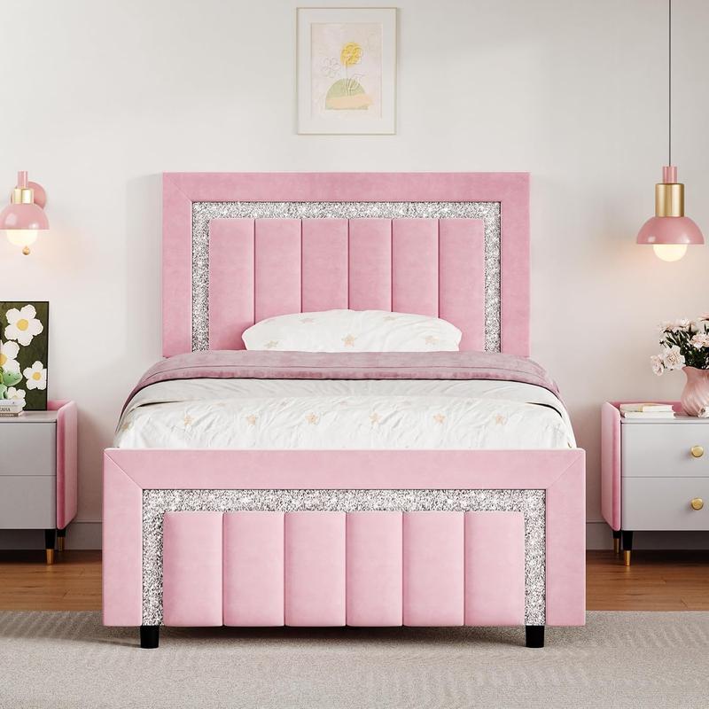 HOMBCK Bed Frame, No Mattress, Velvet Upholstered, Diamond Headboard, Vertical Channel Tufted Headboard, No Box Spring Needed, Easy Assembly