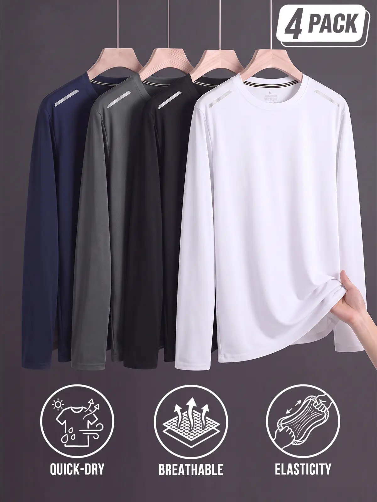 4-PACK Versatile Plain Reflective Accent Crew Neck Long Sleeve Athletic Tees, Comfort Stretch Quick Dry Breathable Mesh, Clean Fit Minimal Urban All-Season Sports Tops For Urban Outdoor Daily Wear Bundle