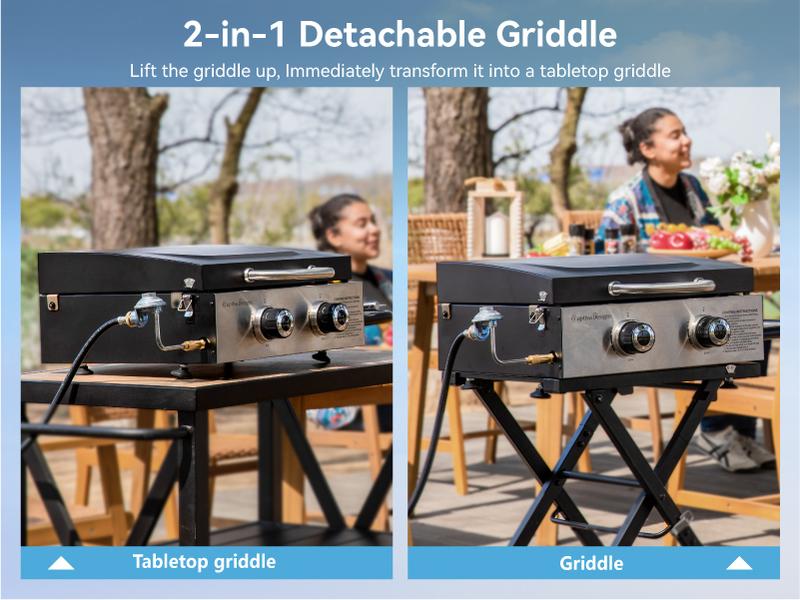 Kitchen Academy 27 Inch Flat Top Grill with Ceramic Coated Cast Iron Pan, 3-Burner Propane Gas, Nonstick Design, Stainless Steel Barbecue Home Food Kitchenware