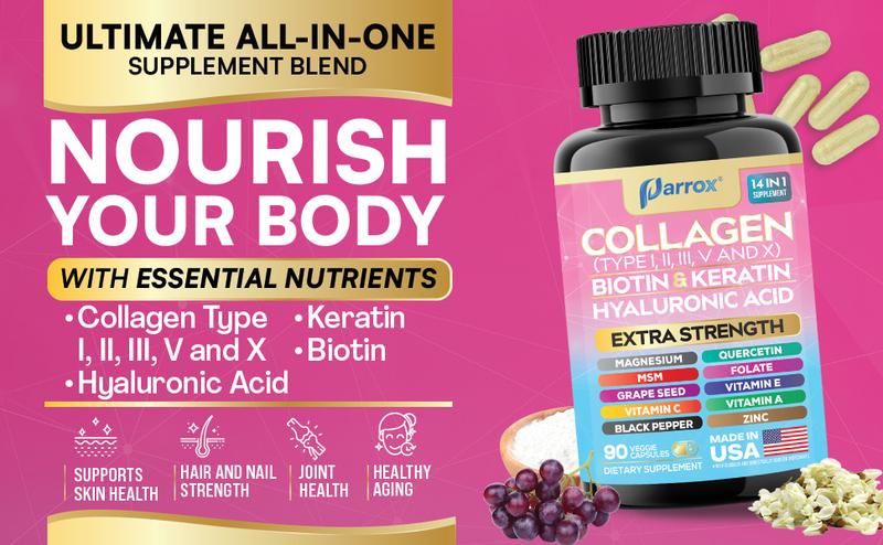 PARROX Collagen Supplement - Type I, II, III, V and X - with Biotin, Keratin, Hyaluronic Acid & 13+ Extra Strength Ingredients - 90 Capsules - MADE IN USA