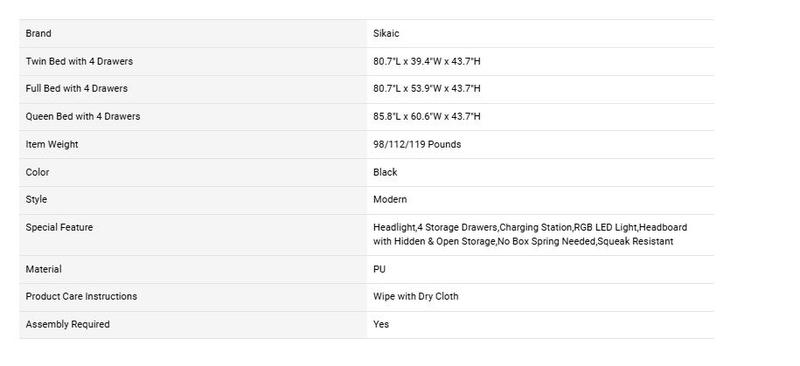 Sikaic Upholstered Platform Bed Frame with LED Lights & Charging Station Hidden Storage Headboard and 4 Drawers PU Black Bedroom Set Unique Bedroom Furniture