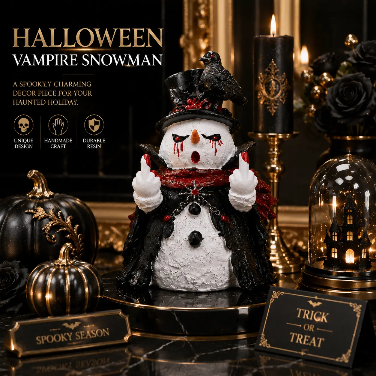 HODAO 1-Piece Decorative Halloween Vampire Snowman Resin Figurine with Hat, Middle Finger, Raven, Vampire Cloak, Box-Pack Gothic Spooky Home Decor Statue, Tabletop Party Gift