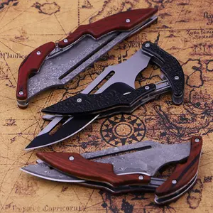 2pc Mechanical camping knife, portable Damascus steel fruit knife, sharp blade, transformable, easy to carry, suitable for outdoor camping, BBQ, and emergency uhe best gift for men!