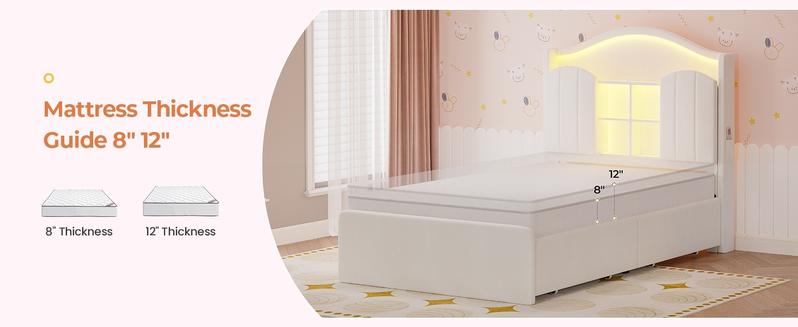 Sikaic Girls Twin Size Bed Frame with 4 Drawers & Hidden Storage Headboard LED Lights Charging Station Velvet Upholstered Strong Metal Slats No Box Spring Needed Noise Free Beige