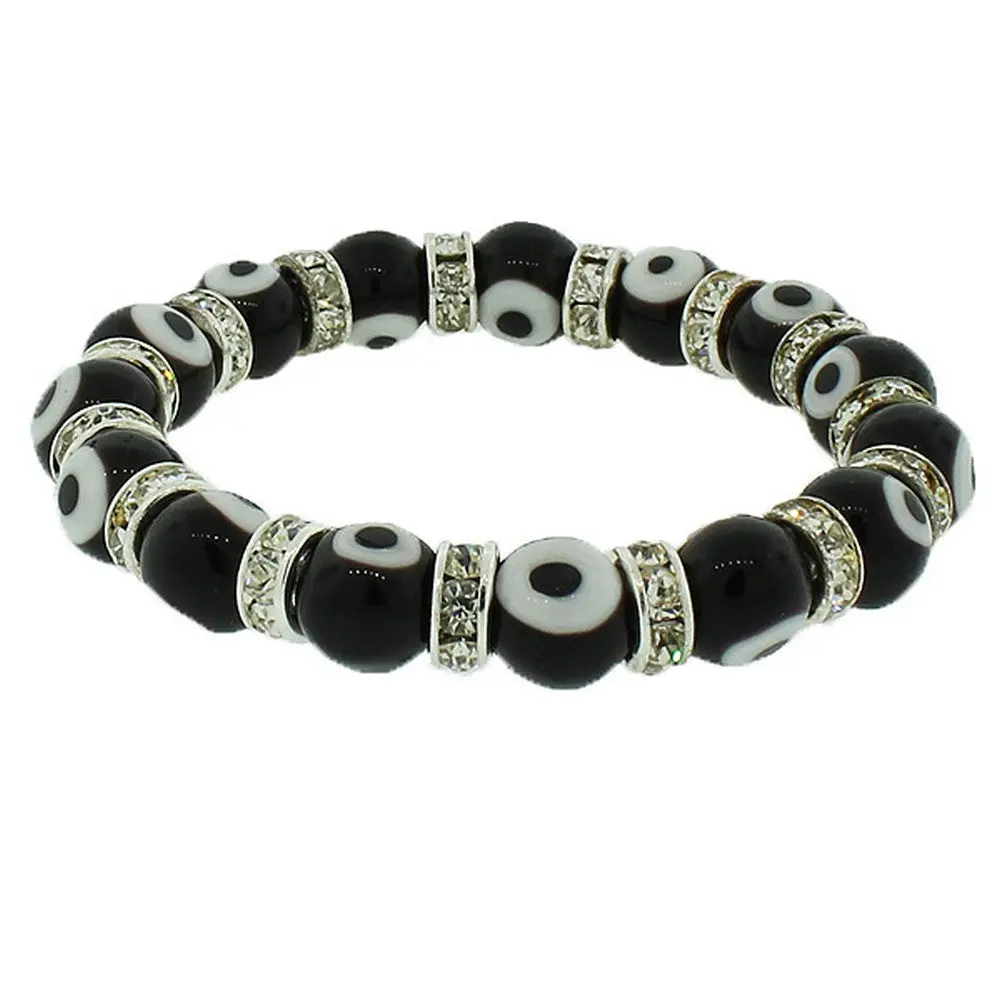 Unisex Evil Eye Protection Beaded Bracelet - 7.5 in Alloy Pull-On Stretch Cord with Black and White Cubic Zirconia Accents, Protects from Bad Luck, Imported Costume Jewelry, Beads