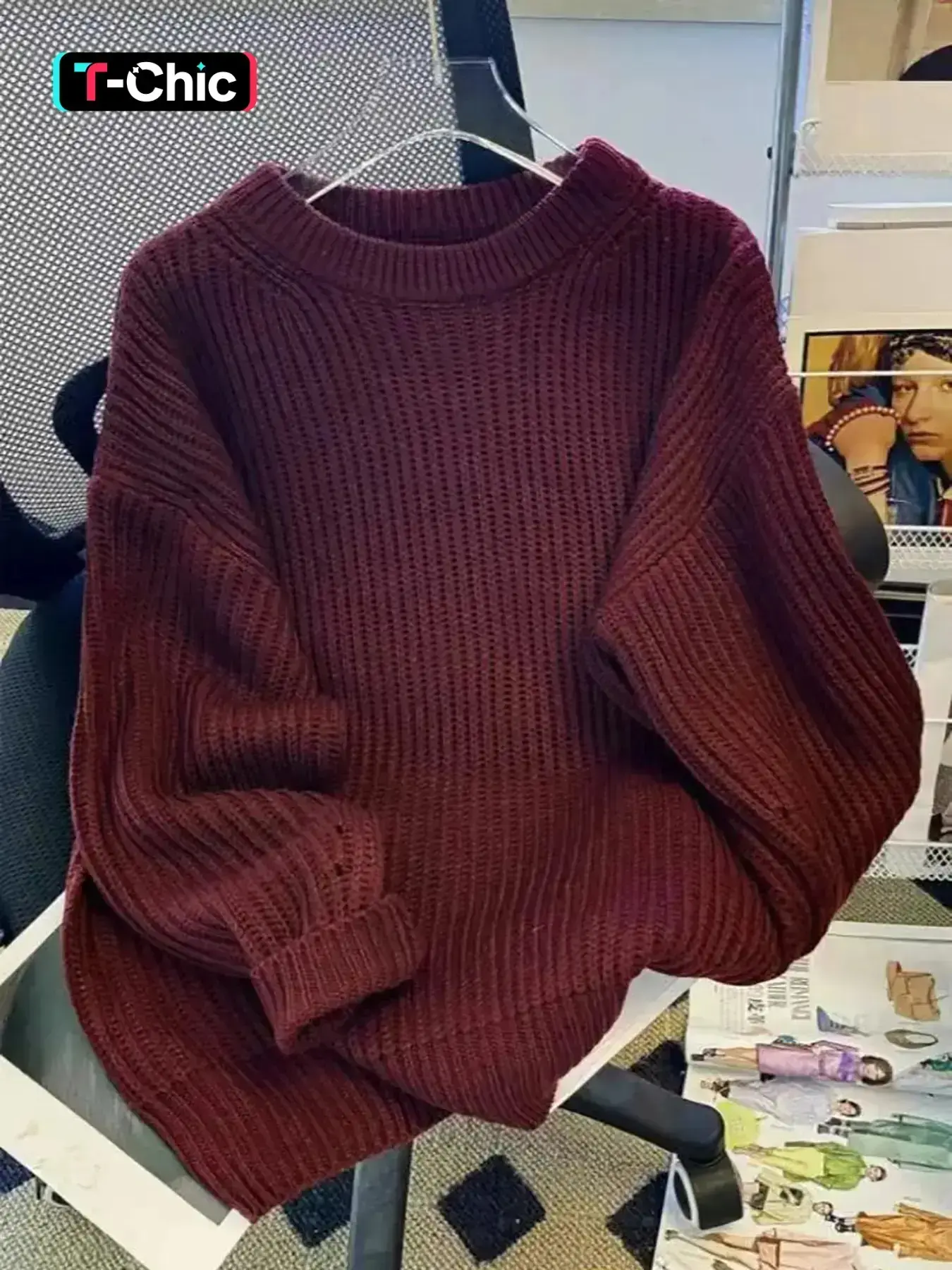 Autumn Winter Burgundy Solid Color Round Neck Sweater, Casual Loose Fit Baggy Oversized Knitwear, High-End Lazy Style Pullover, Vintage Slimming Top