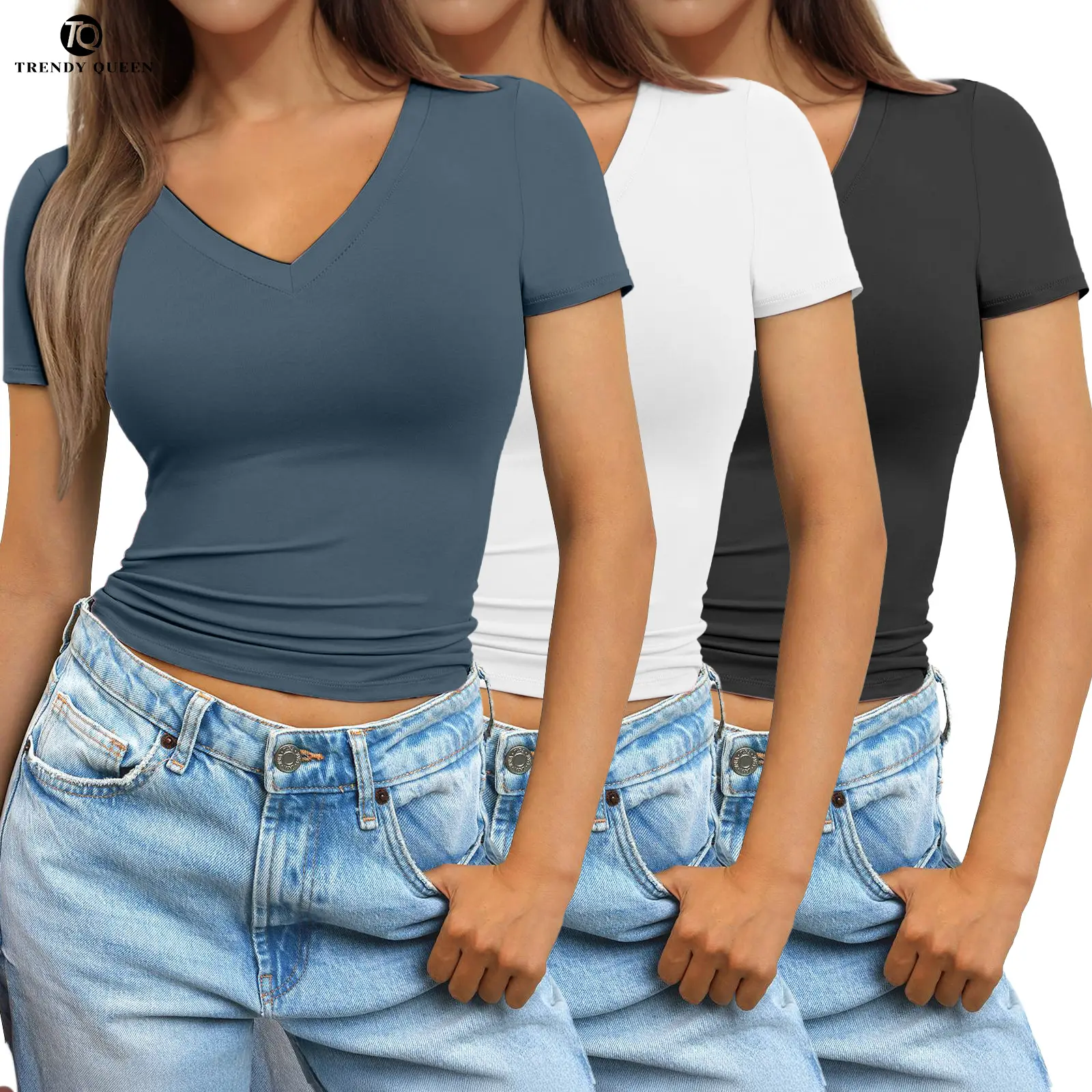 Trendy Queen Womens Deep V-Neck 3 PACK  Backless Tops Short Sleeve Slim Fit T-Shirts Basic Y2K Tops Bustier Corset Cami 2025