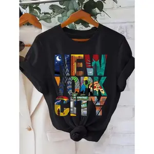 New York City Graphic Print T-Shirt, Short Sleeve Crew Neck Casual Top for Women, Black Oversized Tee with Vibrant Cityscape Design