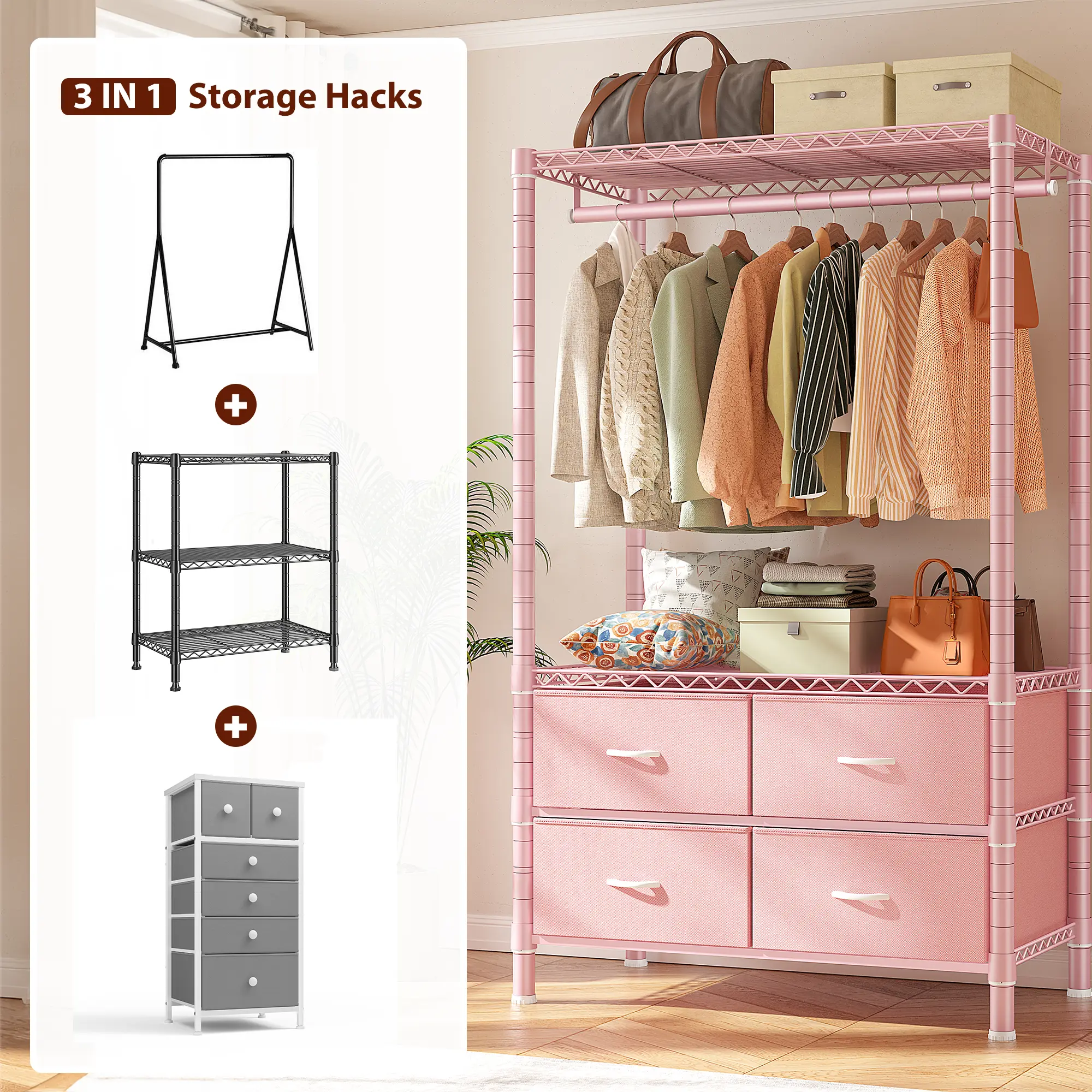 Raybee 3 in 1 Clothes Rack with 4 Drawers, Metal Frame & 4 Shelves 445LBS Capacity Heavy Duty Clothing Rack Portable Closet Rack, Garment Racks for Hanging Clothes Heavy Duty Clothes Rack DIY Adjustable Storage Rack for Apartment, Bedroom, Laundry Room