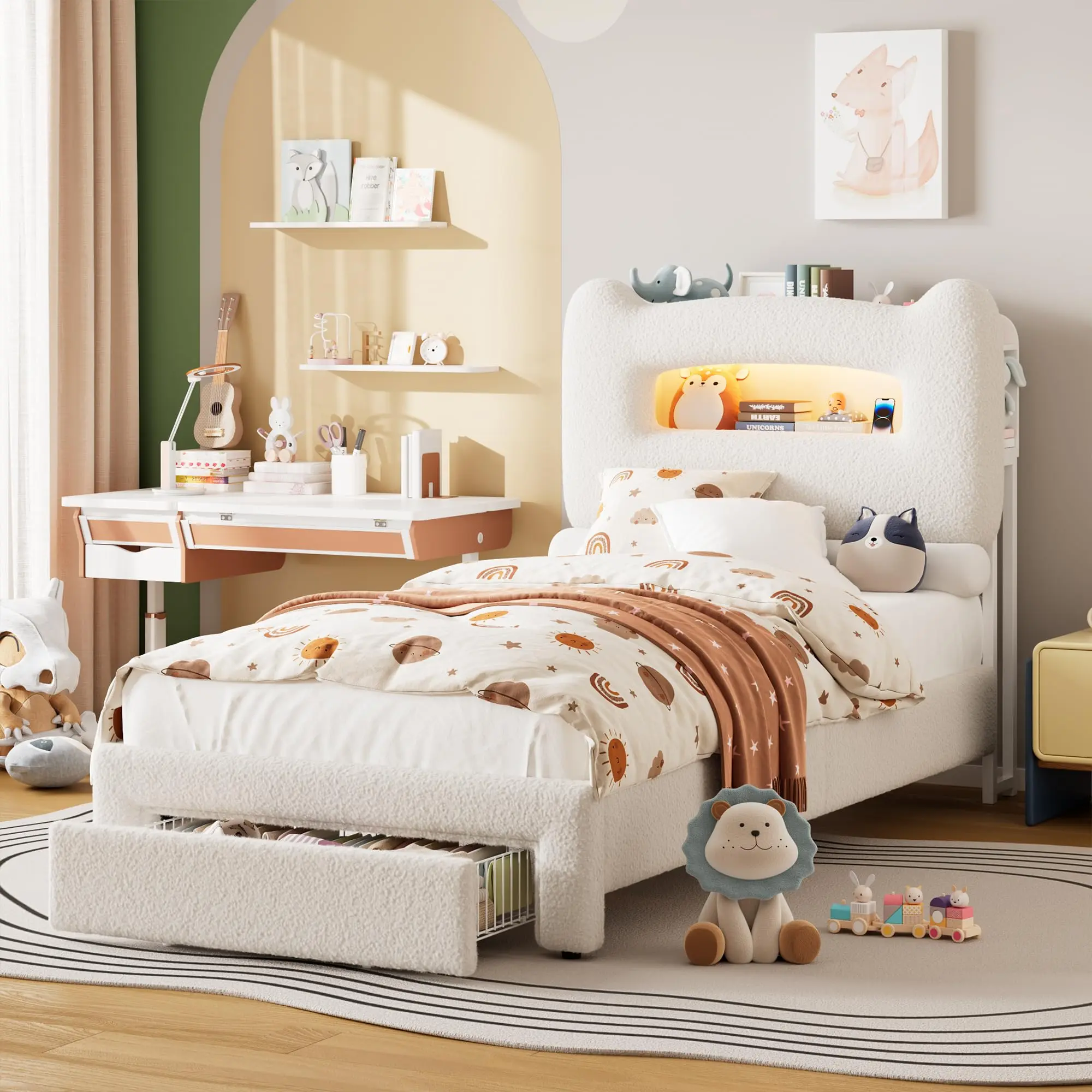 Garvee Upholstered Twin Platform Bed Frame - Sturdy Metal Support, 2-Level Multi-Tier Storage Headboard with Compartments, LED Light, USB Port Charging Station, Drawer, No Box Spring Needed, Space-Saving